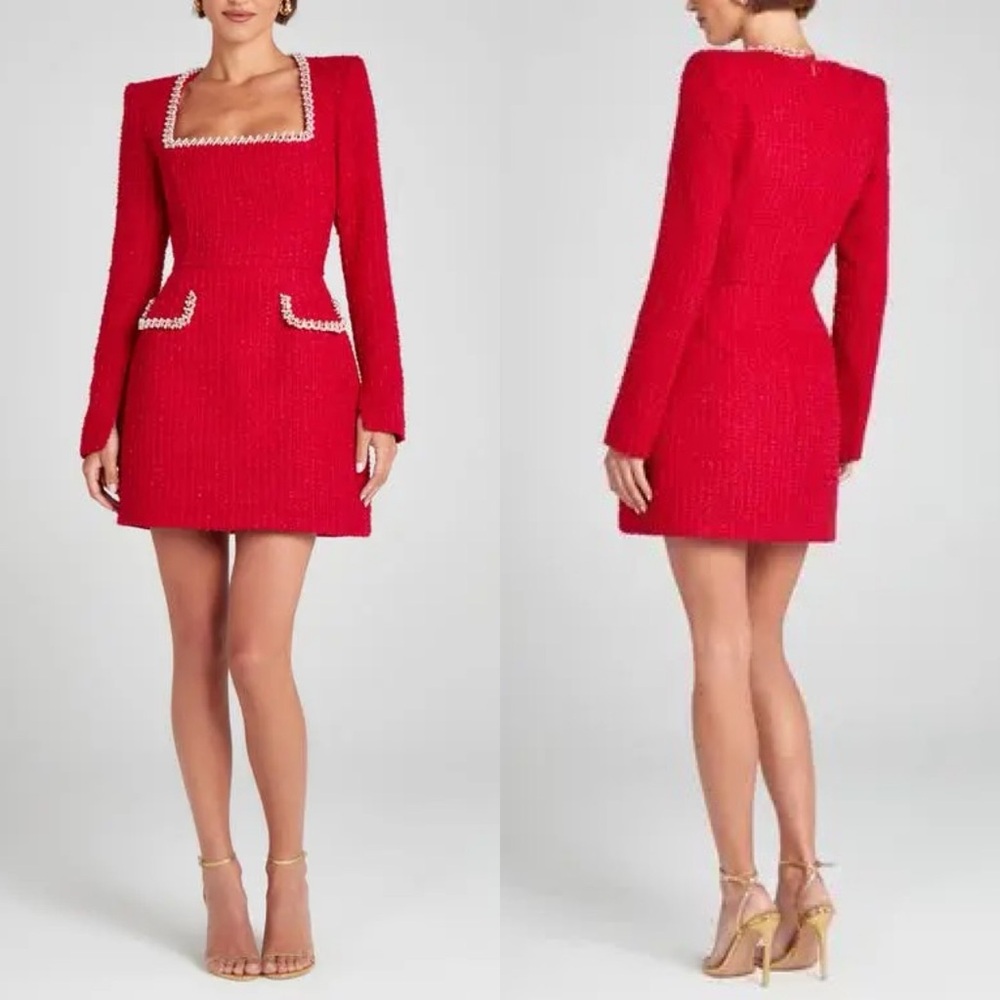 Nadine Merabi Natalie Red Dress in Tweed Fabric and Pearl Detail size XS NWT